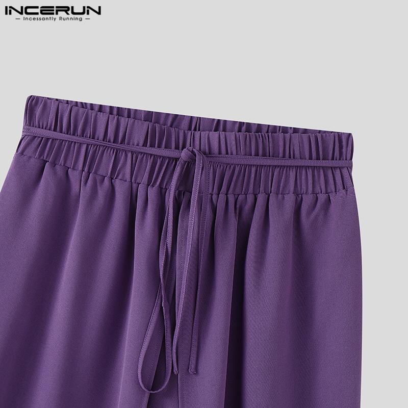 INCERUN Men Elastic Waist Layers Solid Color Casual Loose Long Trousers Pants