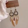 Hot selling ethnic style retro feather earrings, long multi colored vacation feather earrings, bead string design, circular earrings