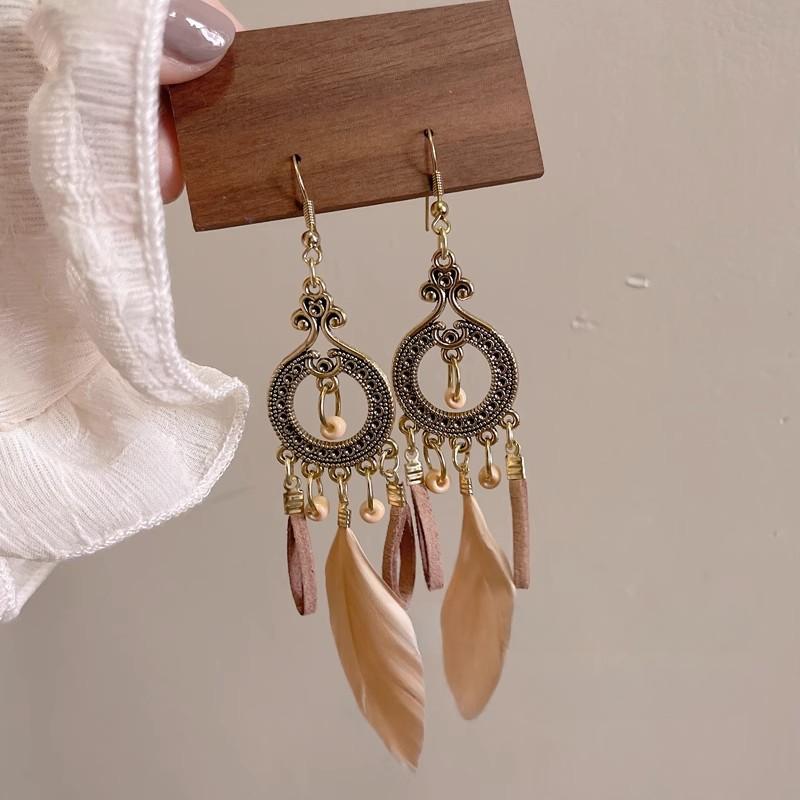 Hot selling ethnic style retro feather earrings, long multi colored vacation feather earrings, bead string design, circular earrings