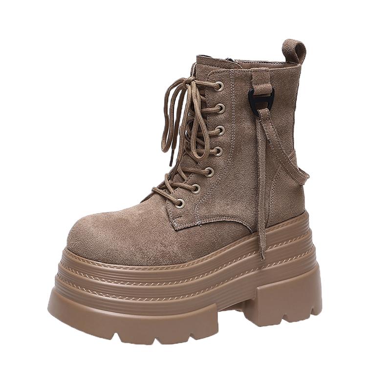 Fashion Women's Chunky Motorcycle Boots Autumn Suede Leather Hidden Heels Sneakers Winter Punk Boots 10CM Heels Platform Mid-calf Boots