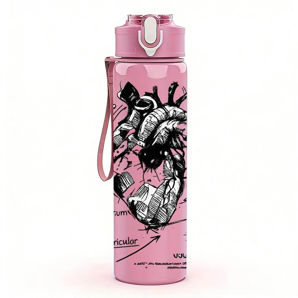 1PC Anatomical Heart Sketch Line Art Print 750ml Color Plastic Sports Water Bottle Leakproof Flip Straw Lid Suitable for Sports Office Home Use
