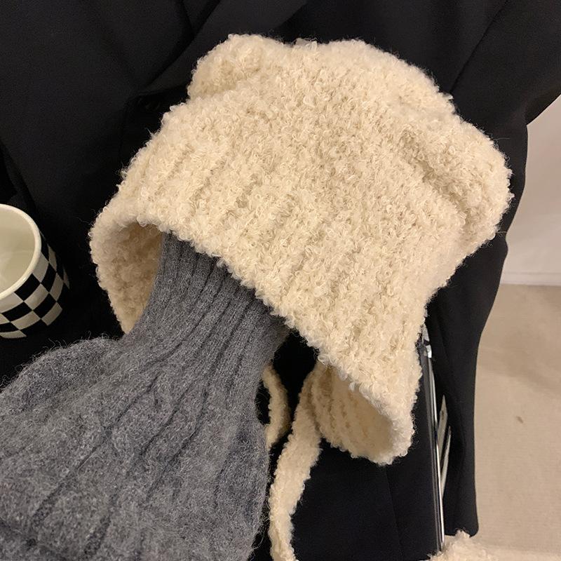 Cute bear hat female winter warm gray ear hat autumn and winter knitted wool hat big head circumference