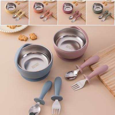 Color Kids 3PCS Stainless Steel Silicone Feeding Set Detachable Suction Bowl Self Feeding Utensils BPA Free Training Fork Spoon