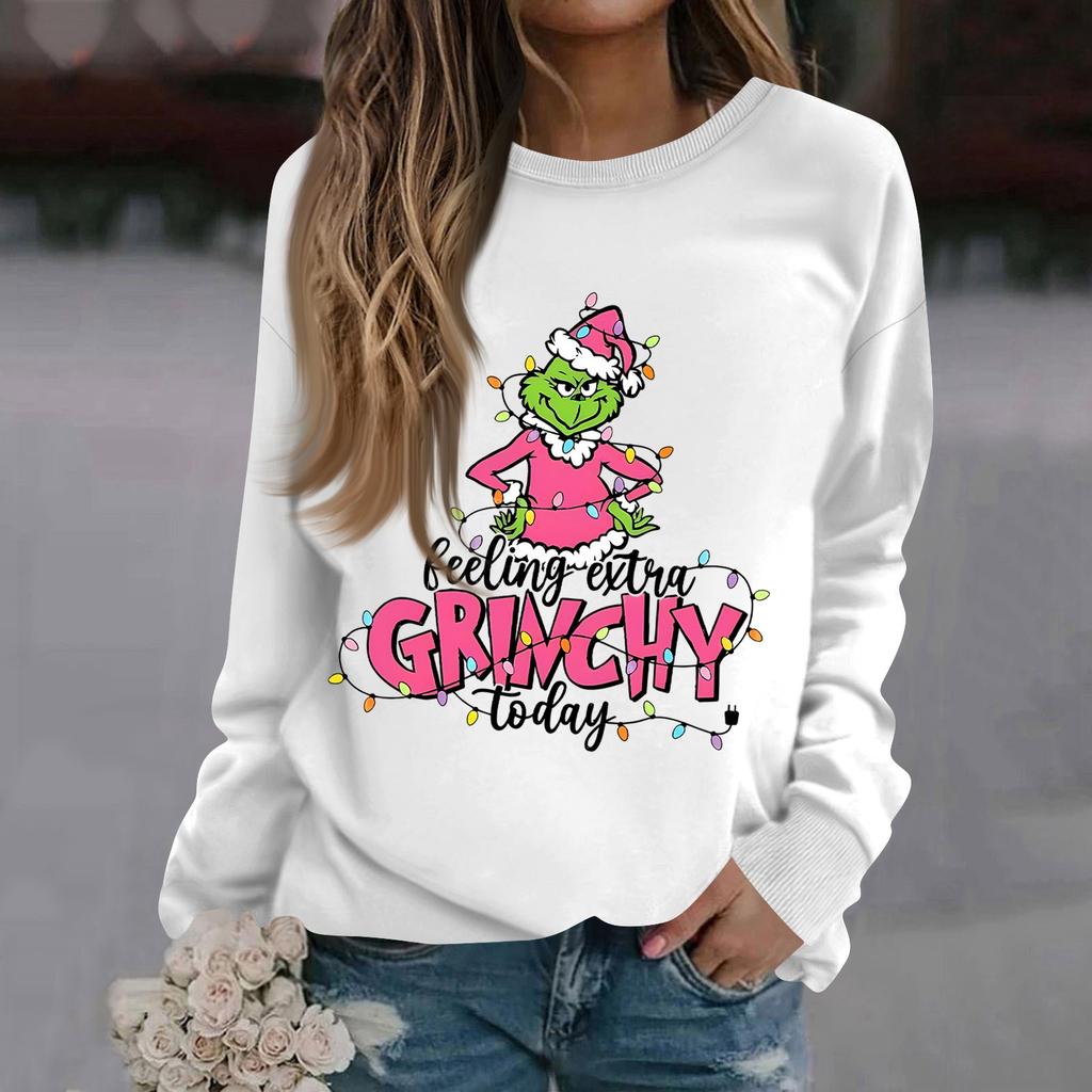 Women's Fashion Casual Long Sleeve Solid Color Christmas Printed Round Neck Top Sweatshirt