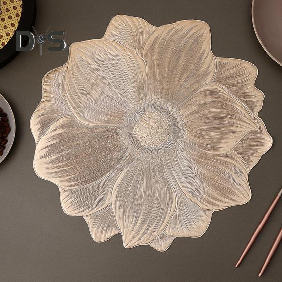 PVC Placemats for Dining Pressed Vinyl Metallic Flower Table Mats 15 Inch Round Tablemats Vinyl Place Mats for Kitchen Table Holiday Wedding