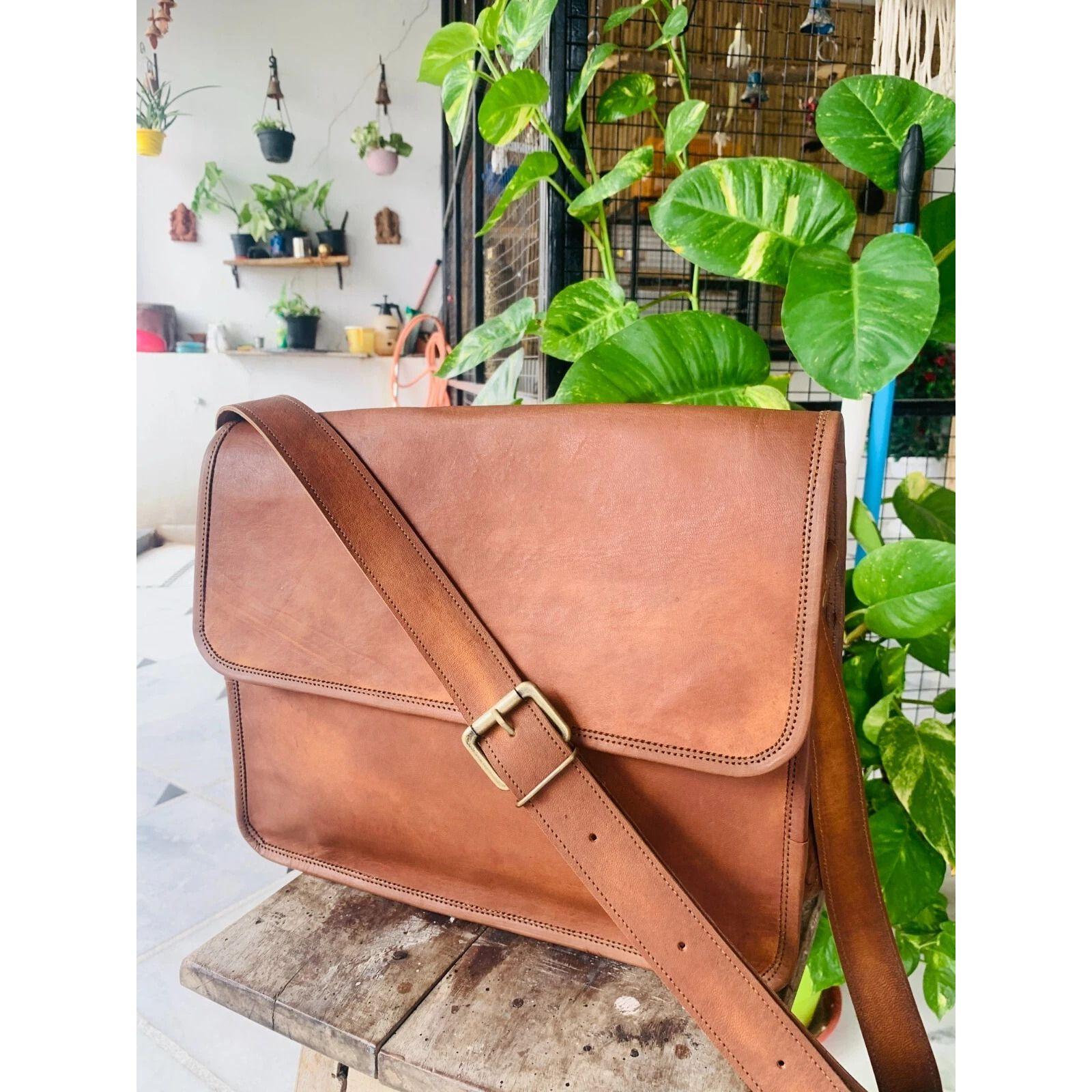 

Винтажная сумка-мессенджер для ноутбука из козьей кожи ручной работы, редкий мужской портфель-сатчел 13 x 10 x 4 in