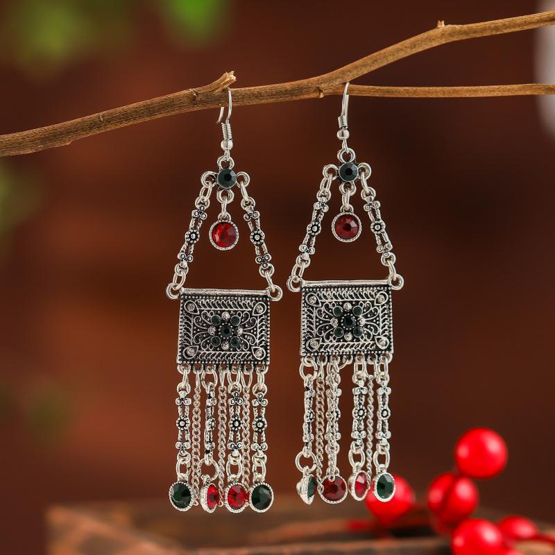 Vintage Exaggerated Long Crystal Tassel Earrings for Women Ethnic Multilayer Rhinestone Silver Color Geometric Earrings Jewelry
