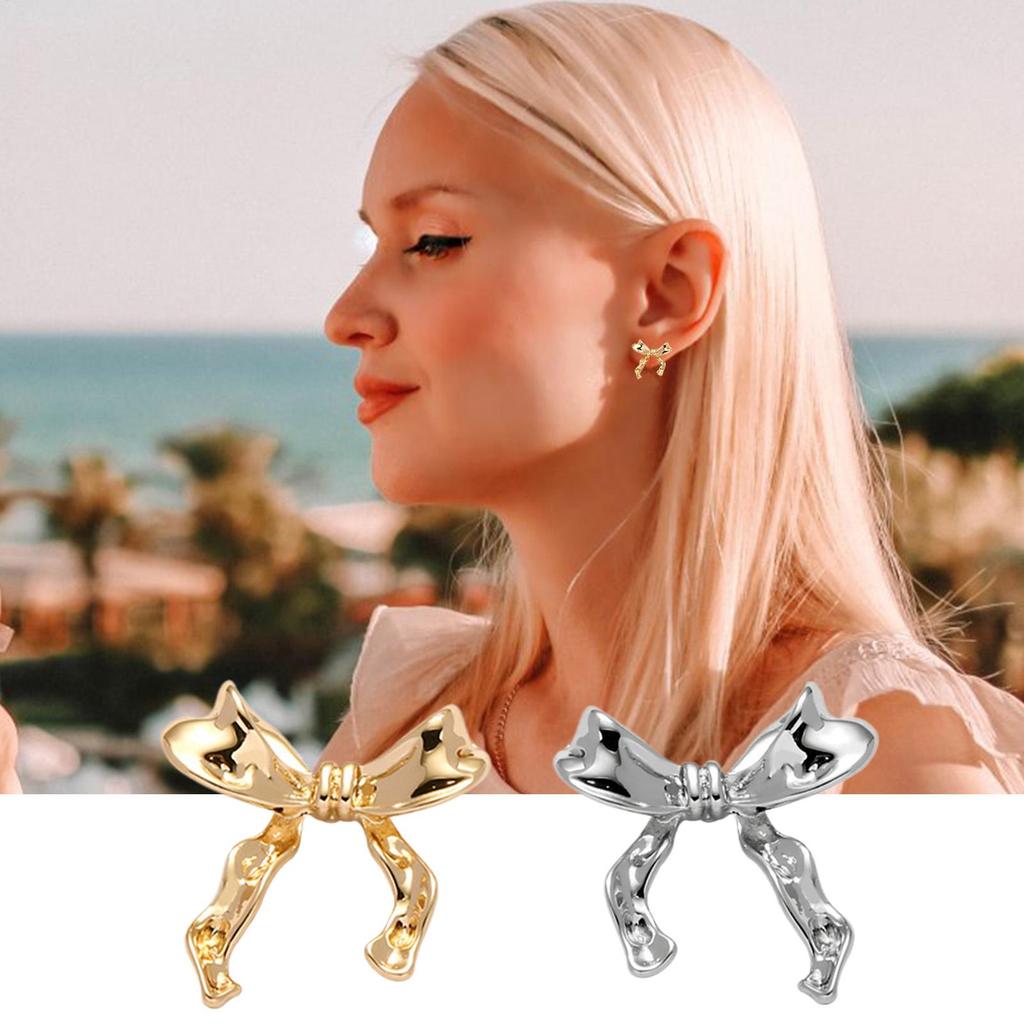 Bow Stud Earrings Versatile Stud Earrings with Ribbon Shape Charming Shining Earrings Plated with 14K Gold for Dating Gathering