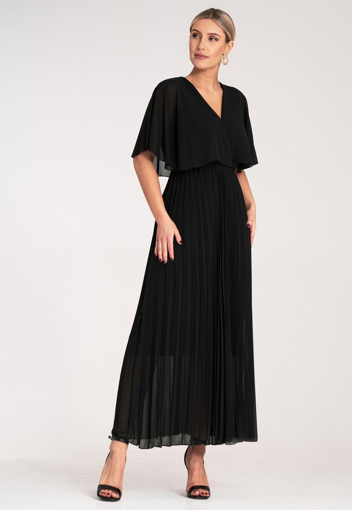 Dress with Cape - Elegant Dress with Pleated Bottom - Black Dress M1123 S/M