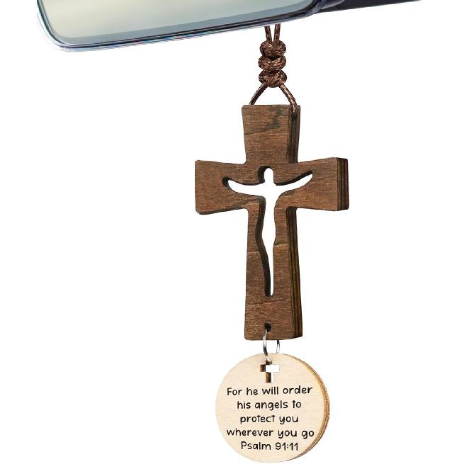 Cross for Car Mirror Hanging Christian with Bible Verse - I Am with You Always - Cross for Rear View Mirror - Christian Car Accessories Ornament -