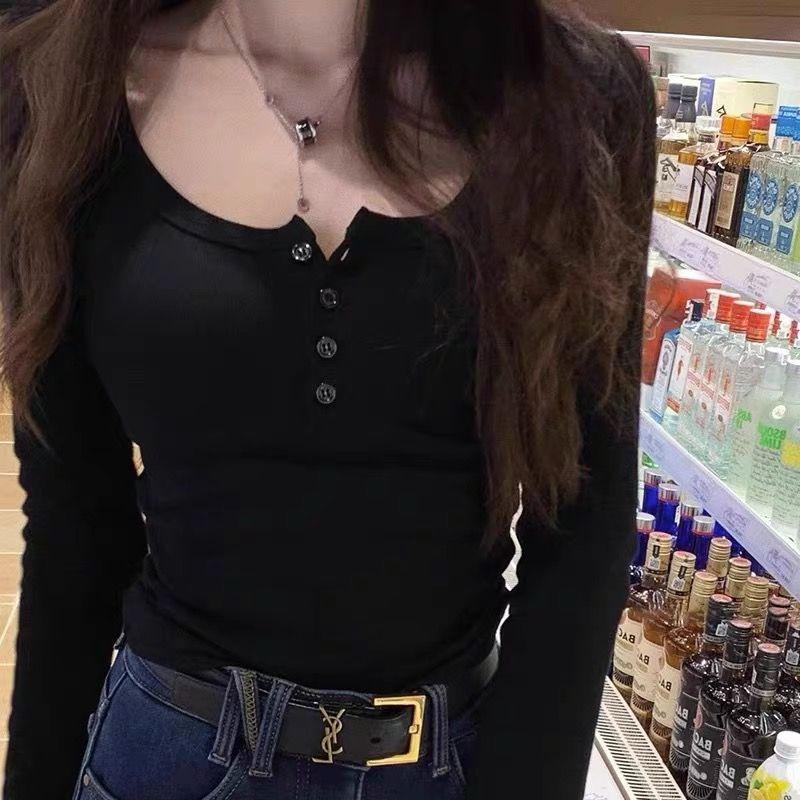 

Женские футболки однотонные с длинным рукавом, с пуговицами на воротнике, серые, коричневые, для девочек, повседневные топы XL