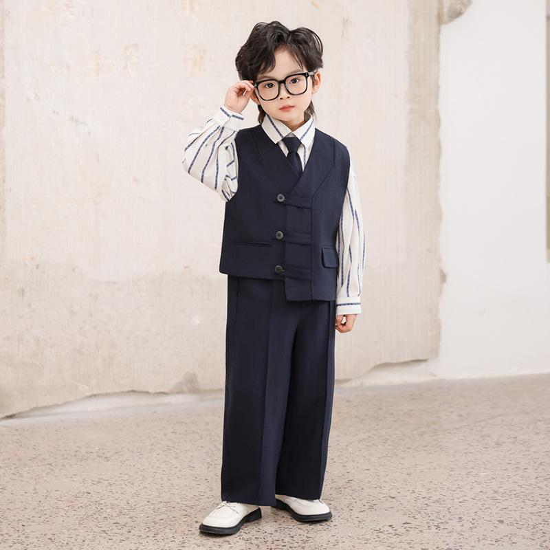 Boys Formal Suit Set 4 Piece School Kids Vest Shirt Pants Tie Gentleman Outfit for Wedding Party Birthday Photoshoot Performance 2-12Y
