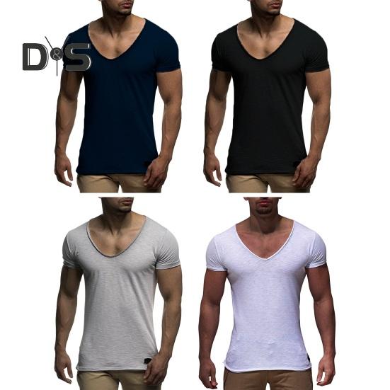 Men Summer T-shirt Short Sleeves V Neck Solid Color Soft Slim Fit Breathable Mid Length Elastic Casual Pullover Men Sport Top