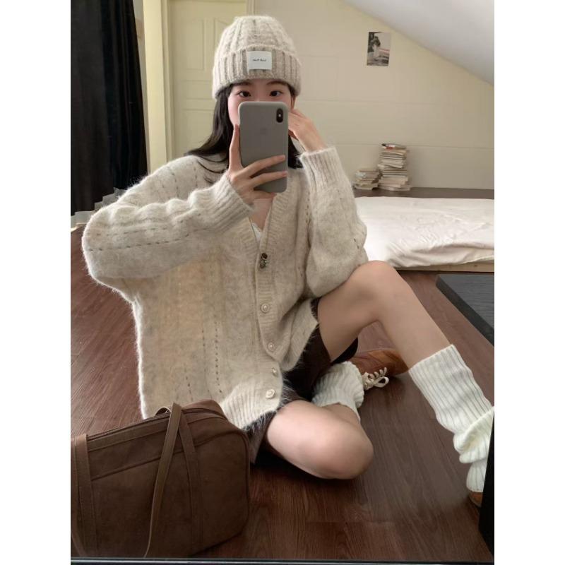 Loose sweater women's coat autumn and winter new casual lazy wind outside wear V-neck knitted cardigan top