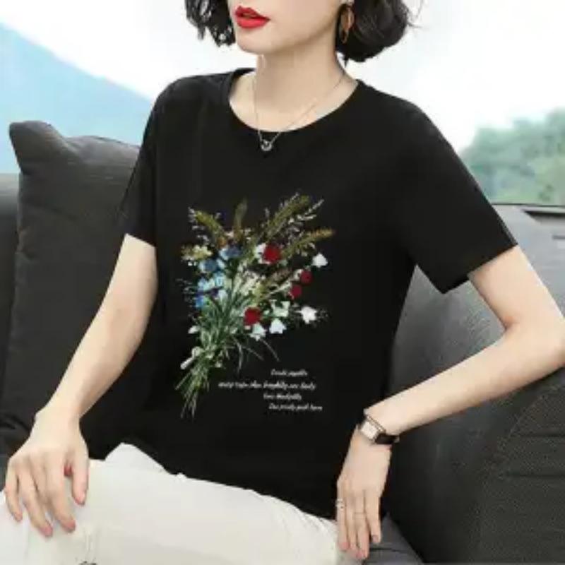 Women's Crew Neck Short Sleeve T-Shirt Colorful Leaf Print Slim Fit Casual Top for Daily Wear