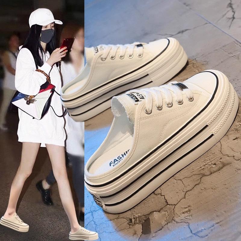 Baotou half slippers women's outer wear 2025 new women's heelless lazy canvas board shoes platform casual slippers tide