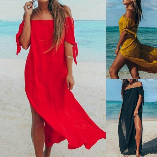 Irregular Cover-Up Dress Boat Neck Side Split Mid-calf Length Swimwear Dress for Beach