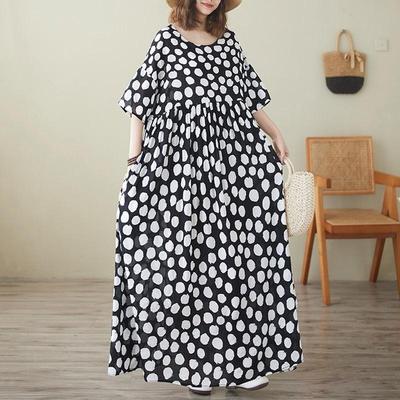 Krátký rukáv Plus size Bavlněné vintage květinové nové šaty pro ženy ležérní volné dlouhé letní šaty