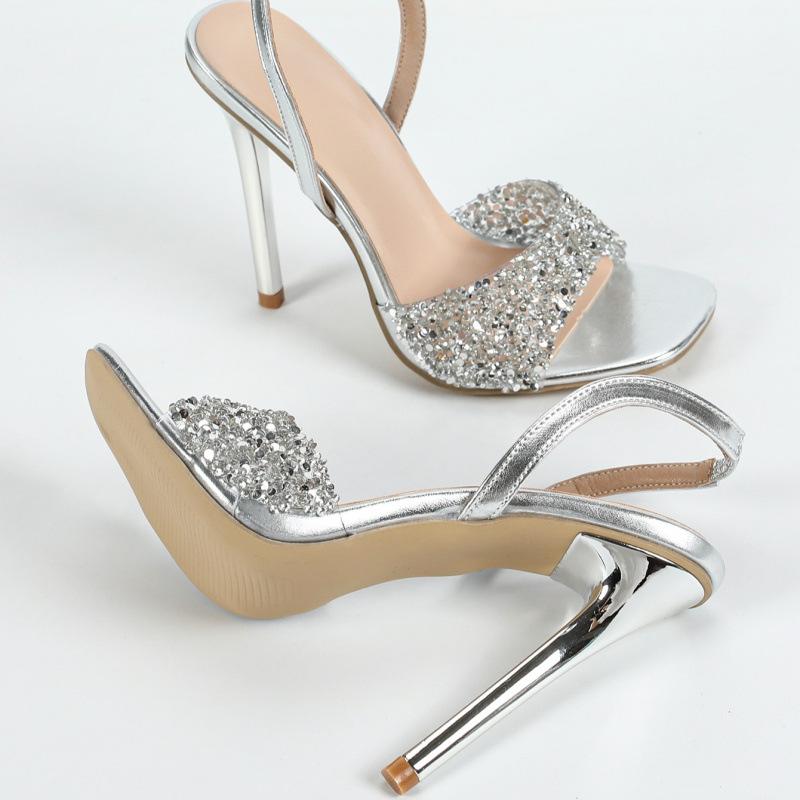 Fashion Crystal Rhinestone Super High Heels Women Sexy Square Head Open Toe Back Strap Heeled Sandals Elegant Silver Party Dress Shoes
