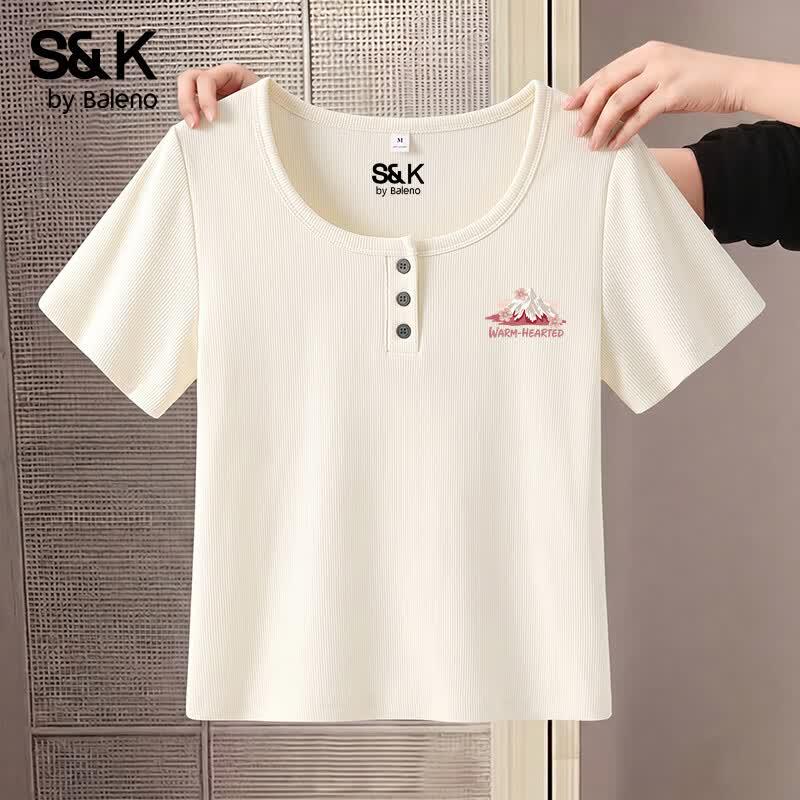 Baleno S&K Women s U-Neck Shirred Slim Fit Short Sleeve T-Shirt M
