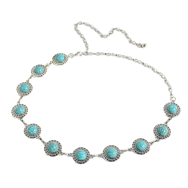 Women Waist Chain Ethnic Style Belts with Relief Sapphire Buckle Waist Belt