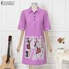 ZANZEA Women Classic Collar Loose Casual 3/4 Sleeve Print Shirt Dress