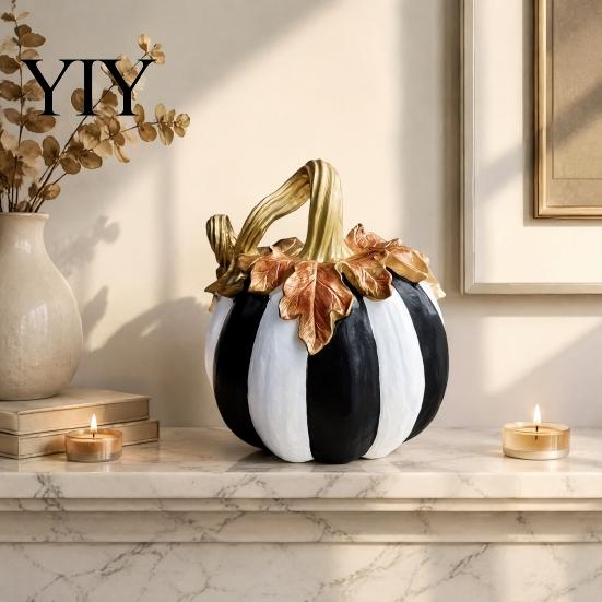 Fall Party Atmosphere Props Black And White Striped Pumpkin Ornament, Retro Style Resin Hand Painted Decor Tabletop Centerpiece, Halloween Ornament