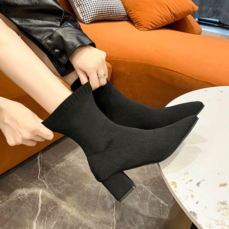 Short Boots Women's High-heeled Single Boots 2025 Autumn and Winter New Pointed Thin Boots Elastic Boots Socks Boots Thick Heel Velvet Socks Boots