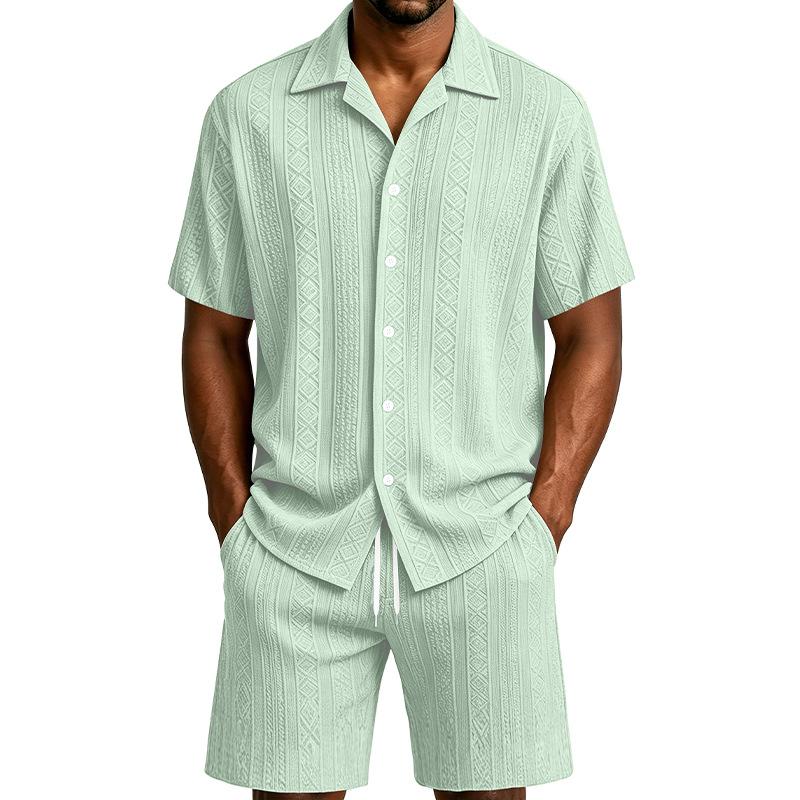 Men Solid Jacquard Short Sleeve Shirt Loose Casual Hawaiian Beach Vacation Two Piece Set