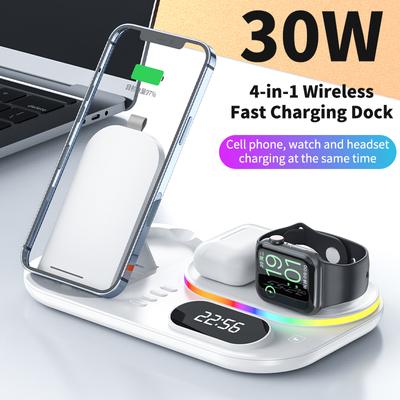 4 In 1 Wireless Charge Dock Station 30w Qi Schnellladegerät Für Iphone 14 Pro 14 13 12 Iwatch Airpods Mit RGB Licht Uhr Show