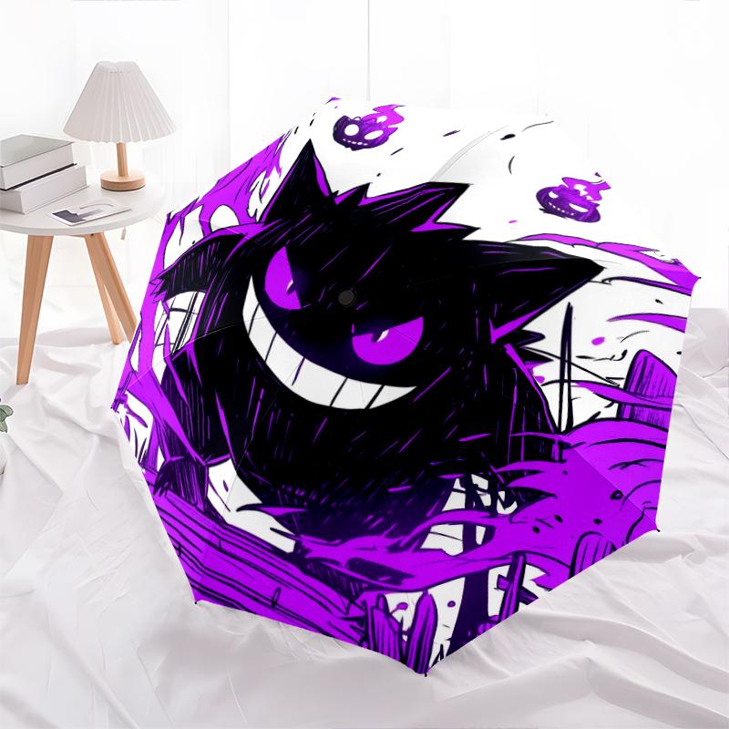 Fantasia di Gengar viola, ombrello pieghevole automatico, design portatile e pieghevole, 8 stecche, un regalo di Natale o di compleanno.
