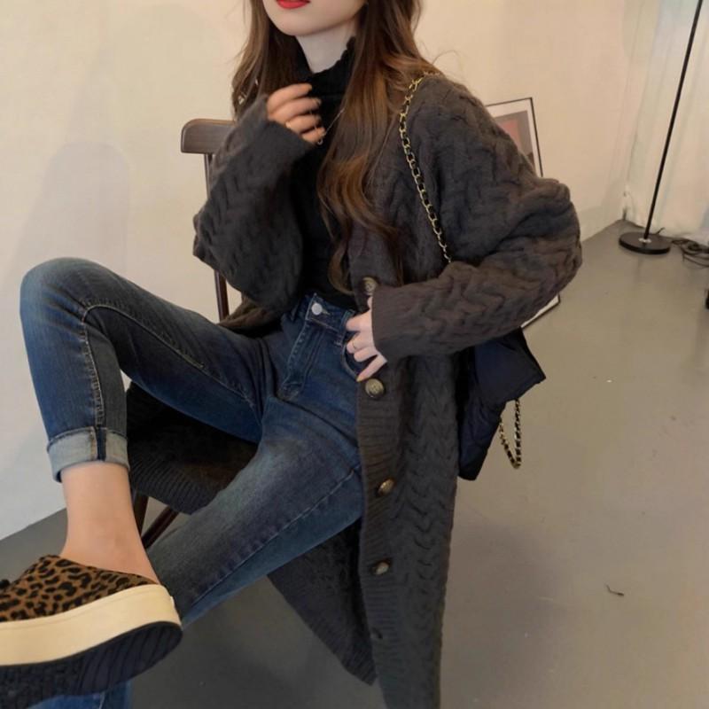 Cárdigan de Punto Oversize para Mujer Suéter Largo Holgado Cuello en V Chaqueta Cálida