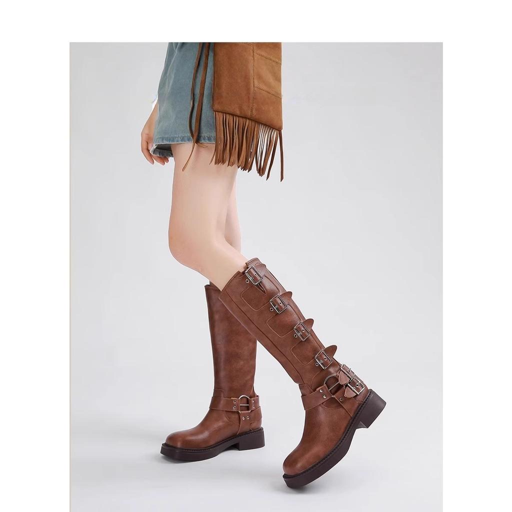 Leather retro but knee boots women's autumn 2025 new leather buckle western cowboy boots metal knight boots