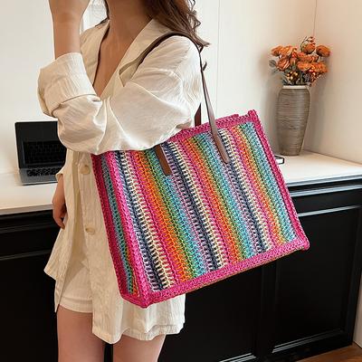 Gestreifte große Stroh-Tragetaschen für Frauen 2024 Sommermode Sommer-Schultertaschen Handtaschen und Geldbörsen Weben Strandtasche