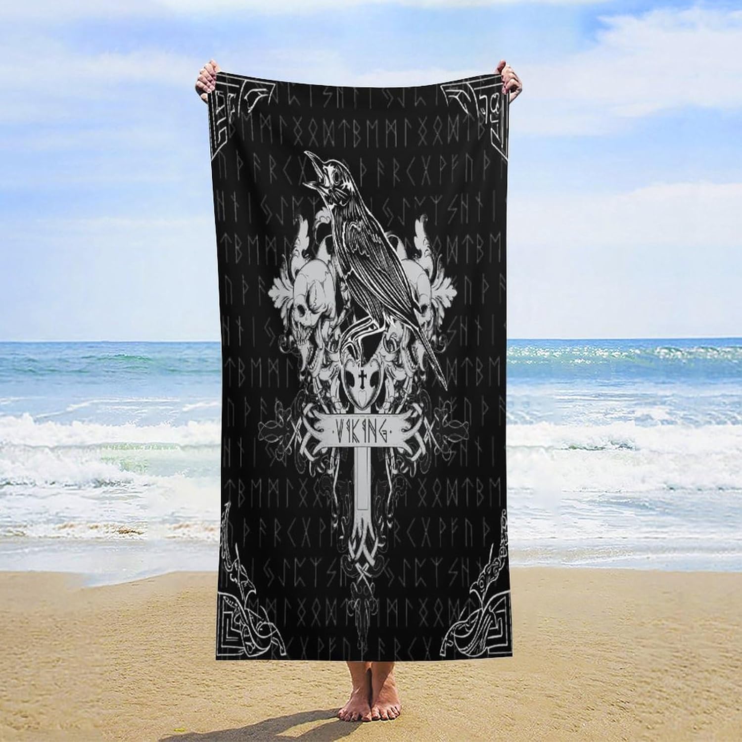 Norse Viking Theme Oversized Beach Swim Towel Portable Modern Mythological Hieroglyphics Abstract Gothic Prints Traveling W40*H60(CM)