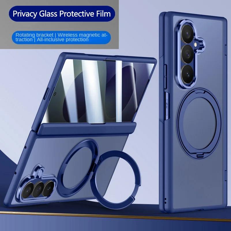 For Samsung Z Fold 8 Ultra Galaxy Z Fold 7 Matte Frosted Metal Magnetic Ring Kickstand Case with Tempered Glass Screen and Hinge