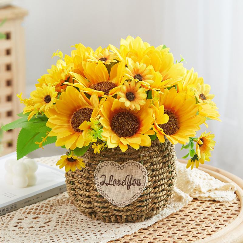 Silk Sunflower Floral Arrangement: Artificial Potted Bouquet for Living Room and Dining Table Decoration.