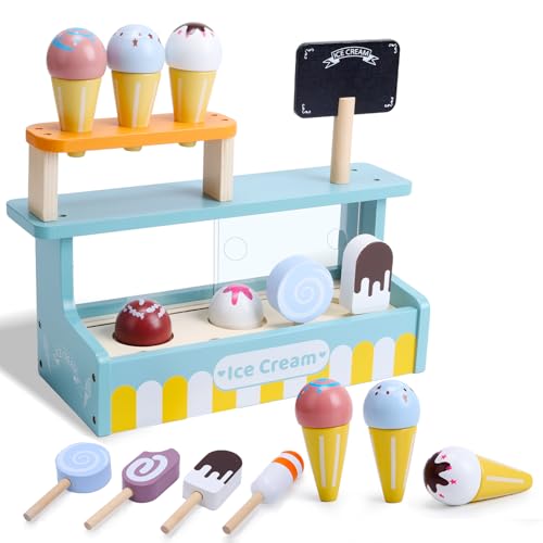 Cute Stone Wooden Ice Cream Shop Play Set, 16-Piece Set, Educational Wooden Toy Set with a Variety of Toys, Perfect for Pretend Play, Parent-Child Pla