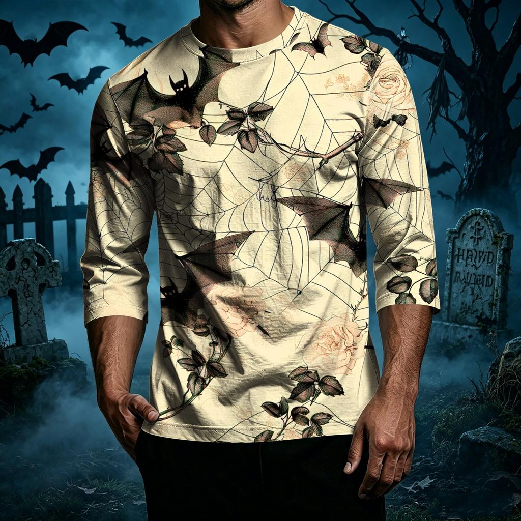 Men's Casual Halloween Print Crew Neck T Shirt Three Quarter Sleeve Top Lightweight Comfortable Fit Stylish Design