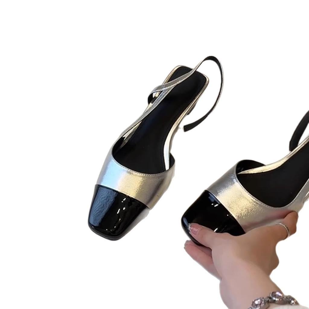 Sheepskin Version~ French Black Low-heeled Commuter Sandals Women's Fashion Casual Square Head Rear Air Temperament Splicing Bag Head Shoes
