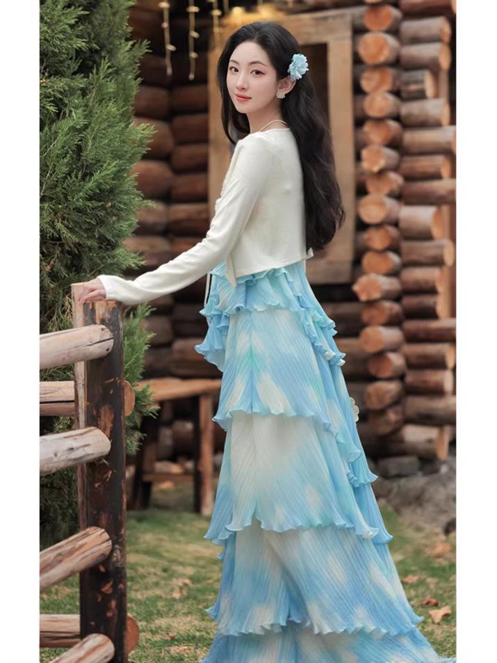 Women's Summer Ruffle Lace Patchwork Strappy Skirt Set