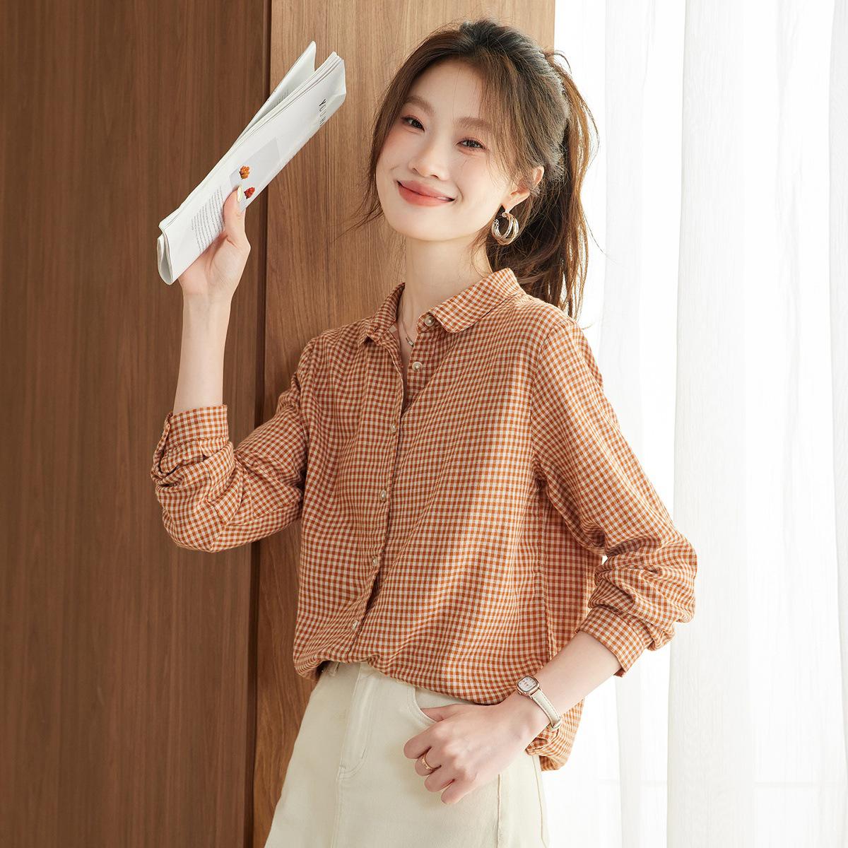 

Vintage Women s Cotton Plaid Long Sleeve Shirt - Spring/Autumn Casual Layering Top Large оранжевый