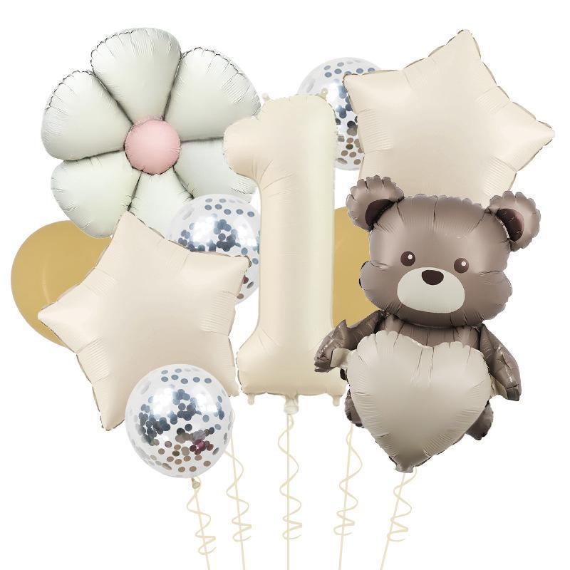 

Матовый Мишка Любви Цветные Маргаритки 40 дюймов Карамельно-кремовый Алюминиевая пленка Блестки Латексный шар Набор для дня рождения Cream Set 1