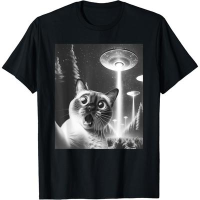 Funny Siamese Cat Alien UFO Taking a Selfie Cat Mom Dad T-Shirt for Men Women Kids