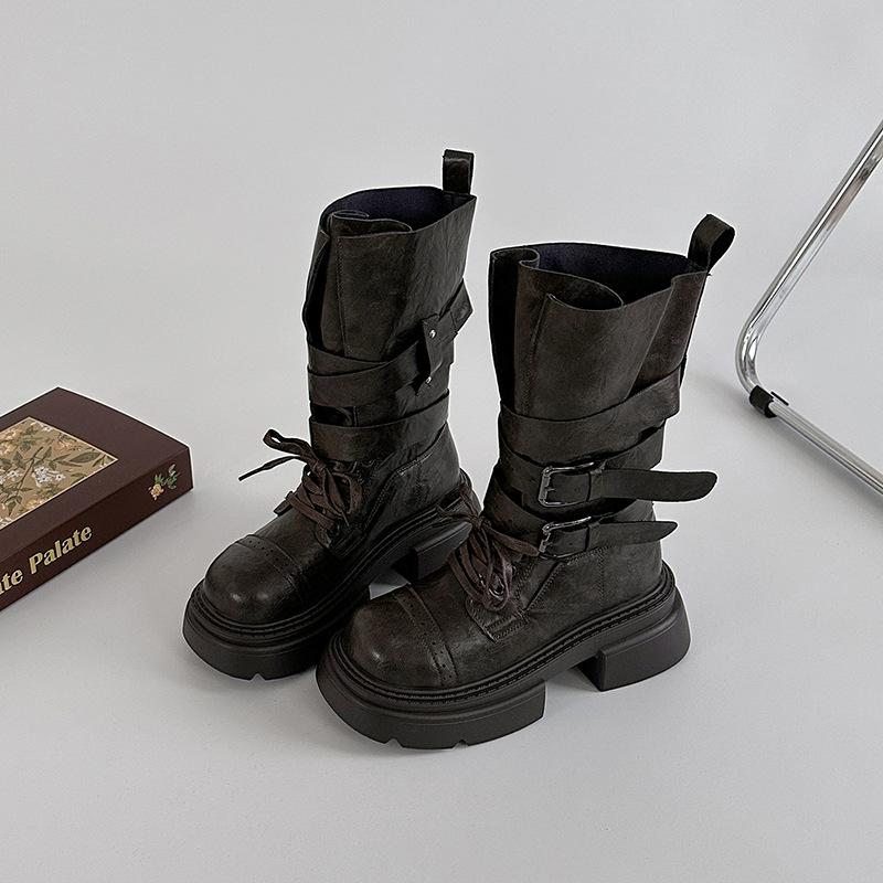 Fashion Comemore Thick Bottom Heightening Short Boots Women's 2025 New Autumn Suede Belt Buckle Punk Style Solid Mid-calf Bota Femininas