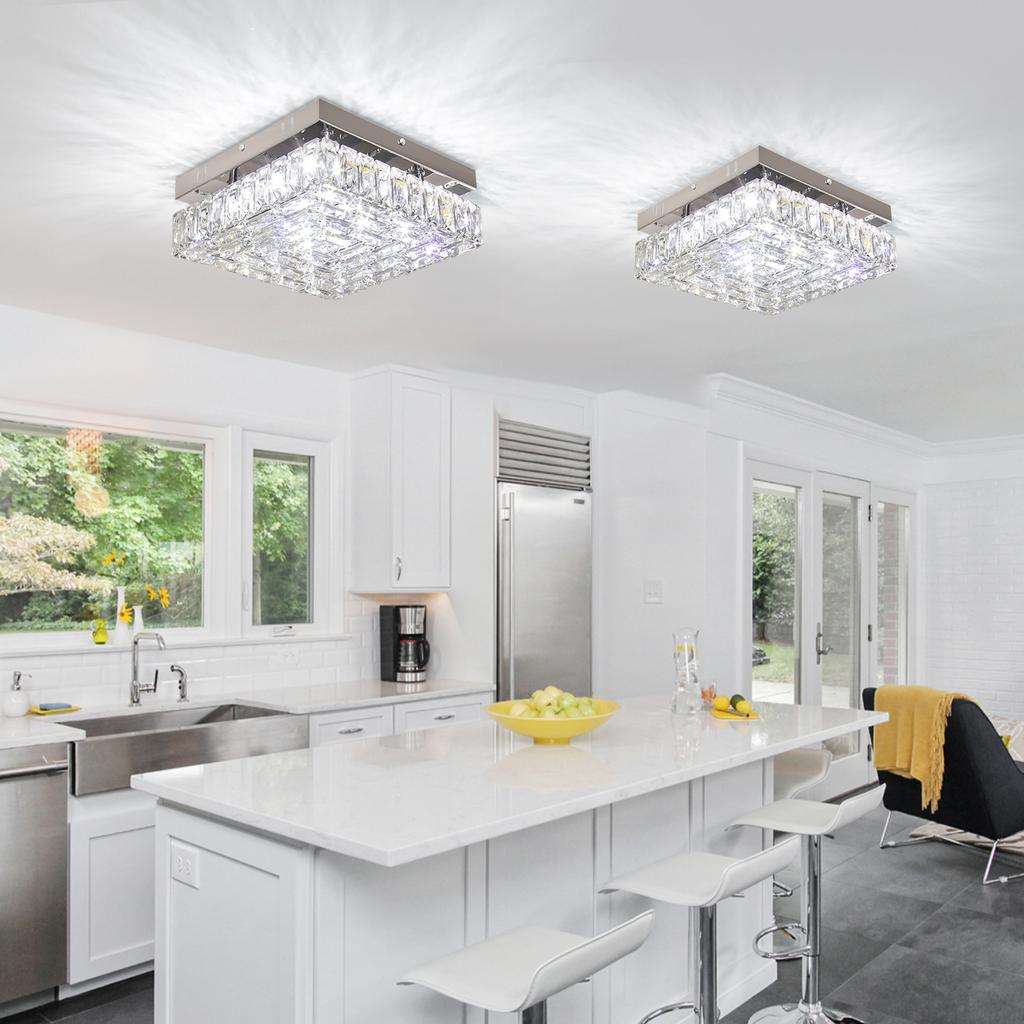 Modern Square Crystal Chandelier LED Small Chandeliers Flush Mount Ceiling Light Fixtures for Bedroom Hallway Foyer 6000K