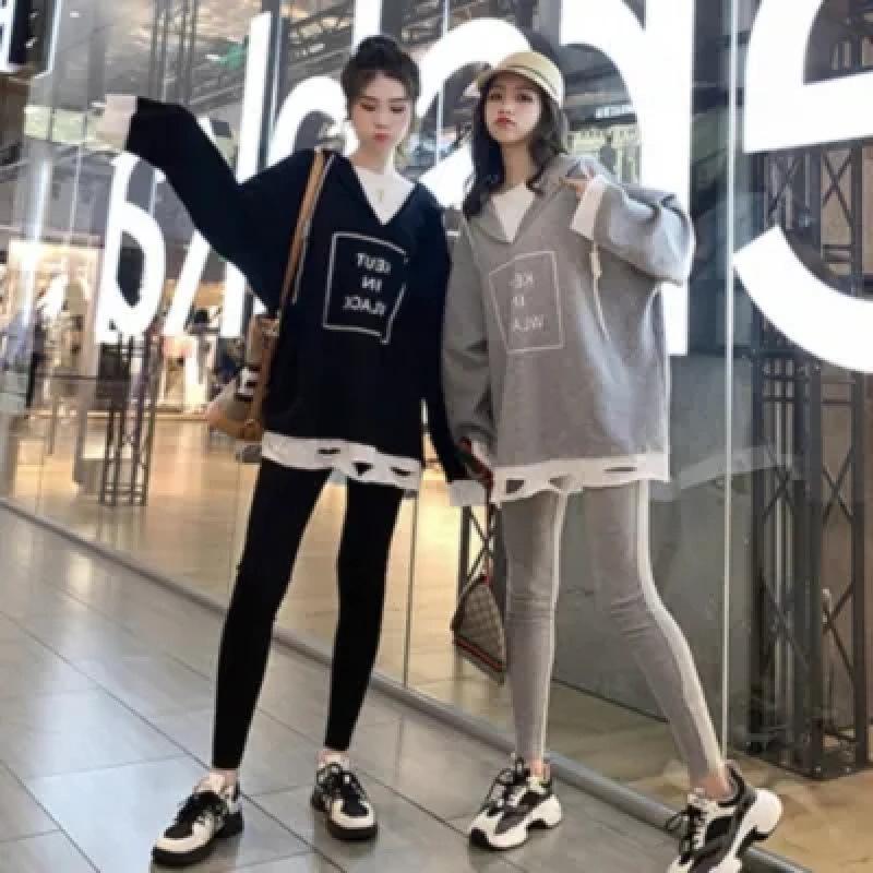 Women's Autumn Ripped Hooded Sweatshirt & Slimming Leggings Two-Piece Set