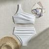 2026 Solid Color Pleated High Waist Shoulder Split Swimsuit