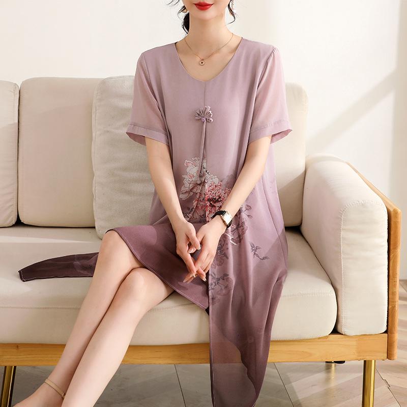 Elegant Chiffon Qipao Dress for Middle-Aged Women - Stylish Mid-Length Summer Design