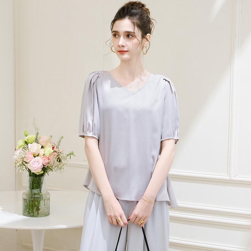 TUHUANG Women's Mulberry Silk V-Neck Puff Sleeve Blouse